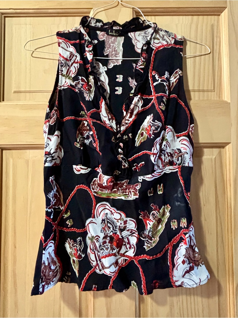 Vintage Loco Lindo Sleeveless Western -Print V-Neck Tank Top